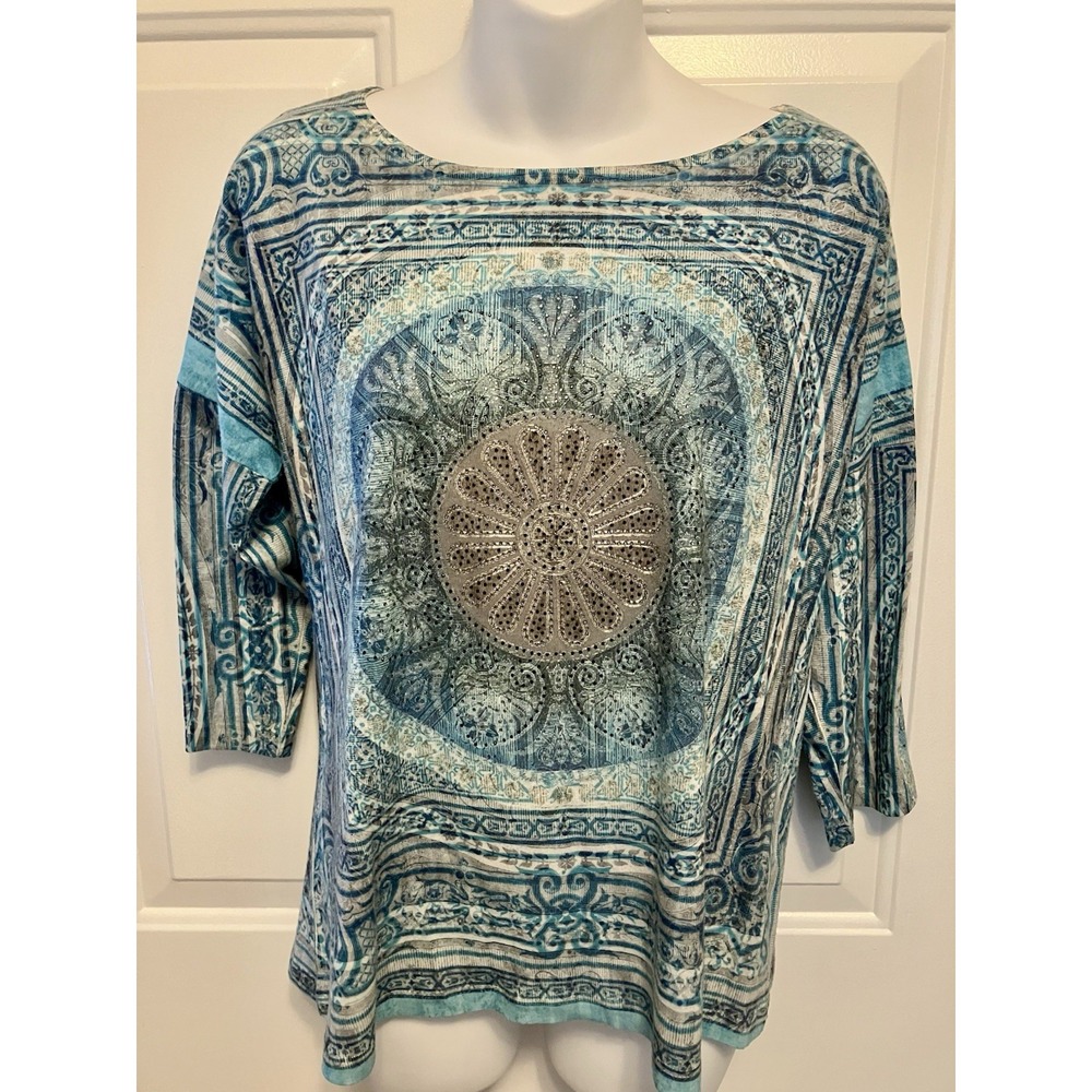 Chicos Aqua Blue Green Studded Sparkly Boho Shirt‎ Top Sz 1 Medium 3/4 Sleeve